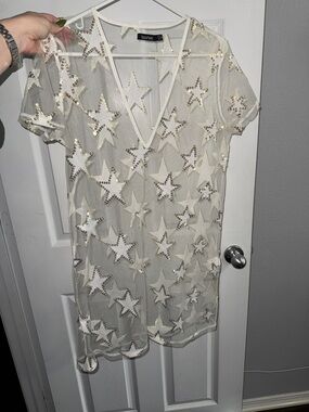 Boohoo White Sheer Star Sequin Mesh Dress